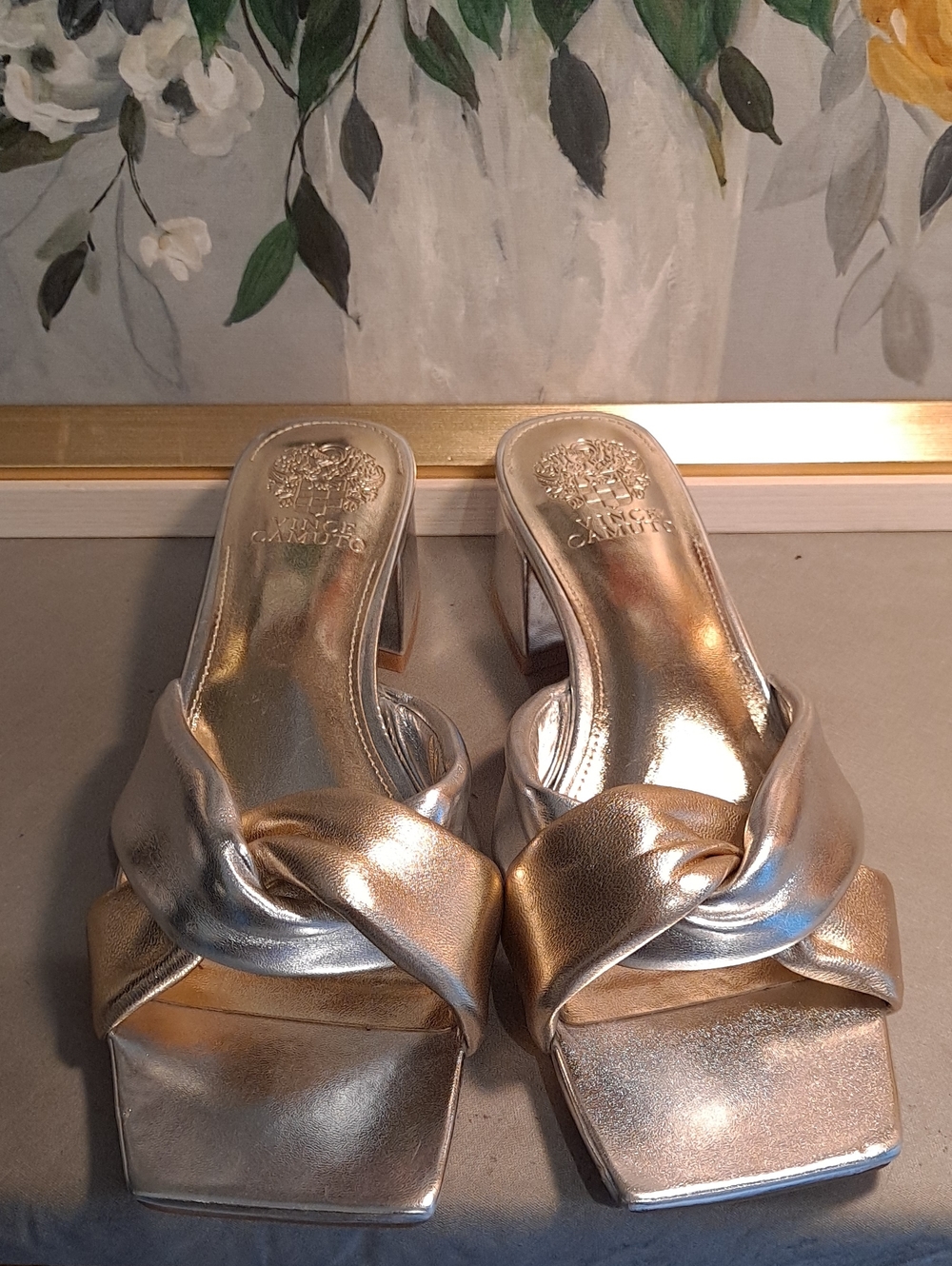 Vince Camuto Shilah Metallic Silver Gold Puff Knot-Front Block Heel Slide Mules